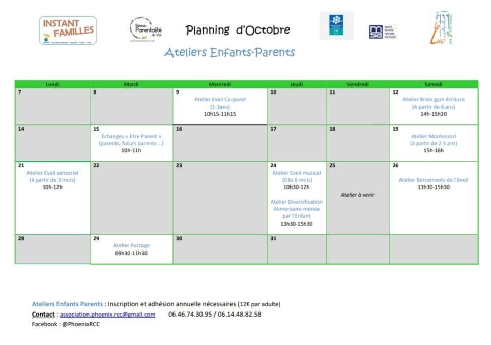 Planning ateliers octobre